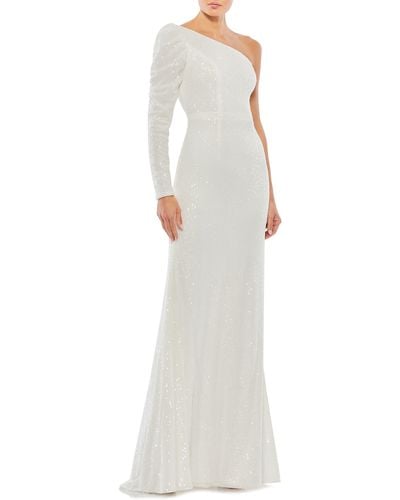Mac Duggal One-shoulder Long Sleeve Sequin Trumpet Gown - White