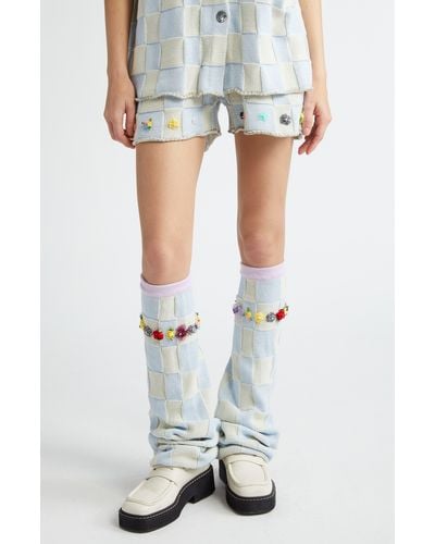 YANYAN Checkerboard Embroidered Knit Leg Warmers - Blue
