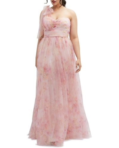 Dessy Collection Floral Tulle One-shoulder Gown - Pink