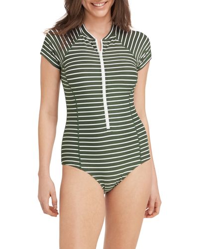 Sea Level Short Sleeve Front Zip One-piece Swimsuit - Green