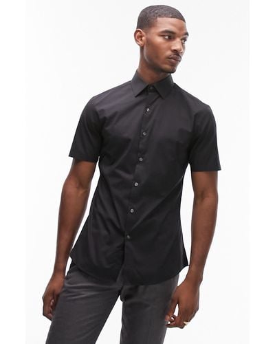 TOPMAN Slim Fit Short Sleeve Stretch Cotton Button-up Shirt - Black