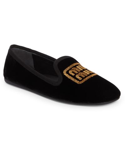 Miu Miu Pantofola Logo Embroidered Velvet Flat - Black