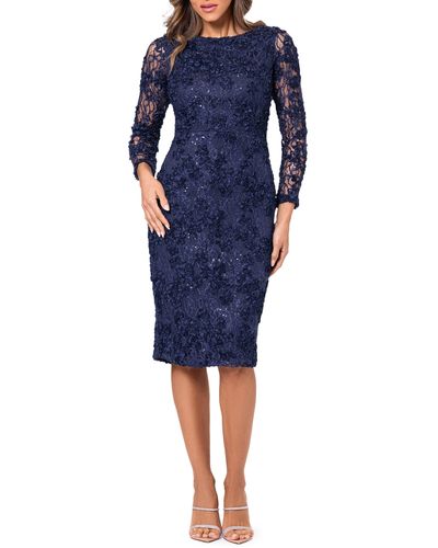 Xscape Floral Long Sleeve Sequin Lace Midi Cocktail Dress - Blue