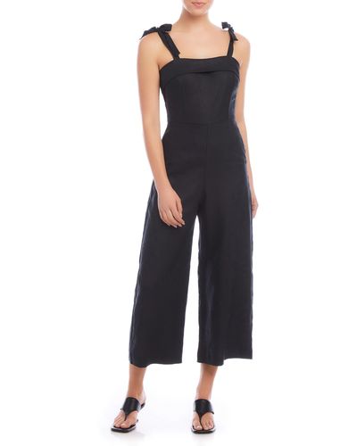 Fifteen Twenty Paloma Tie Strap Wide Leg Crop Linen Jumpsuit - Black