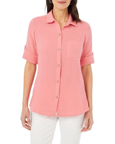 Foxcroft Tamara Gauze Button-up Shirt - Pink