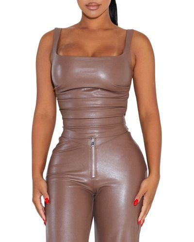 Naked Wardrobe Glitter Square Neck Faux Leather Top - Brown