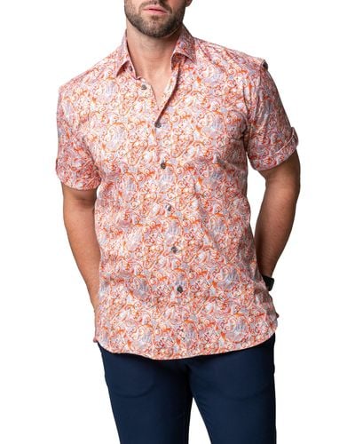 Maceoo Galileo Geometric Short Sleeve Cotton Button-up Shirt - Orange