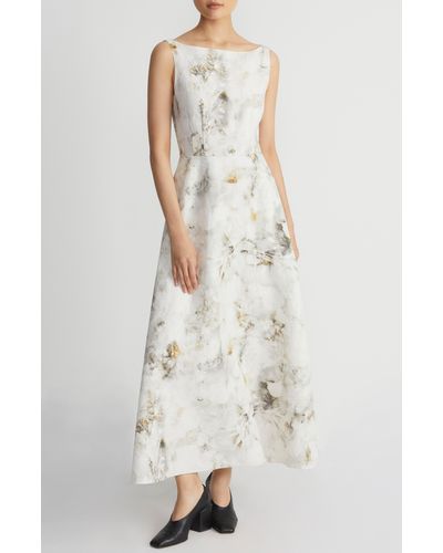 Lafayette 148 New York Leaves Print Bateau Neck Silk & Linen Gown - White
