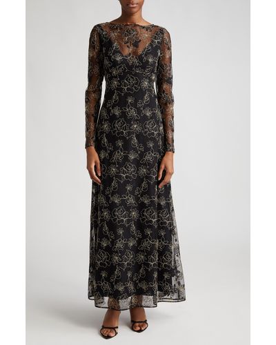 Lela Rose Floral Embroidery Long Sleeve Gown - Black