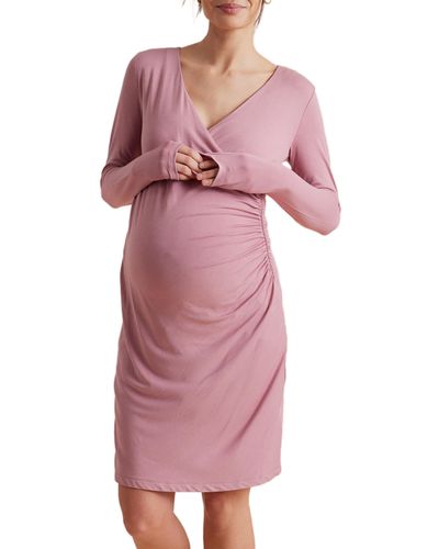 A Pea In The Pod Long Sleeve Faux Wrap Maternity Dress - Pink