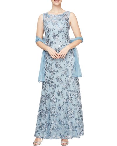 Alex Evenings Floral Embroidered Evening Gown With Wrap - Blue