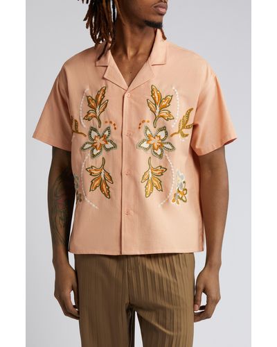 Native Youth Embroidered Linen & Cotton Camp Shirt - Natural