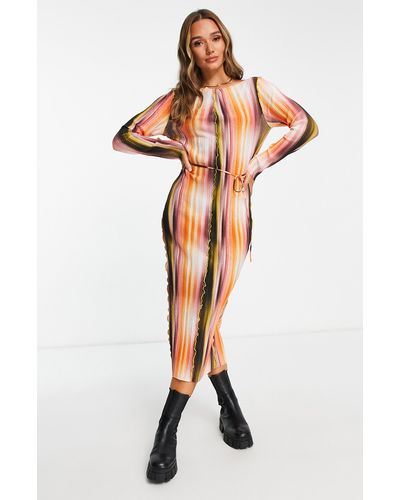 TOPSHOP Stripe Plissé Long Sleeve Dress - Multicolor