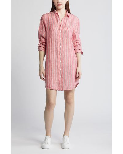 Frank & Eileen Mary Stripe Long Sleeve Linen Shirtdress - Pink
