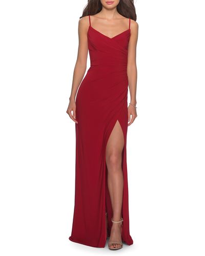 La Femme Ruched Jersey Trumpet Gown - Red
