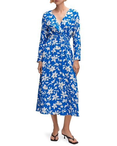 Mango Floral Print Long Sleeve Faux Wrap Dress - Blue