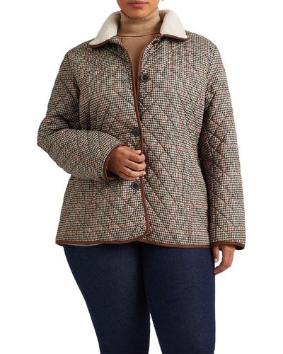 Lauren by Ralph Lauren Quilted Houndstooth Jacket With Faux Shearling Collar - Multicolor