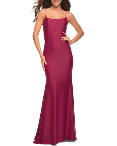 La Femme Sleeveless Jersey Gown With Train - Red
