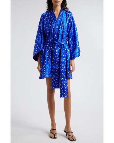 La Vie Style House Floral Jacquard Long Sleeve Wrap Minidress - Blue
