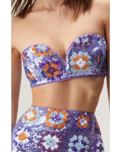 Nasty Gal '70s Floral Sequin Strapless Bralette Top - Blue