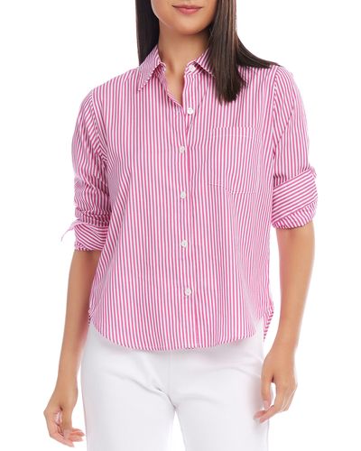 Karen Kane Stripe Ruched Sleeve Cotton Button-up Shirt - Pink