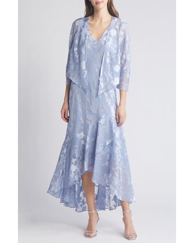 Alex Evenings Metallic Floral High-low Chiffon Jacquard Midi Dress With Jacket - Blue