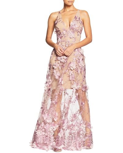 Dress the Population Sidney Deep V-neck 3d Lace Gown - Pink