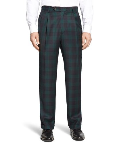 Berle Touch Finish Pleated Classic Fit Plaid Wool Pants - Blue