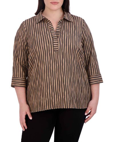 Foxcroft Sophie Crinkled Stripe Cotton Blend Button-up Shirt - Brown