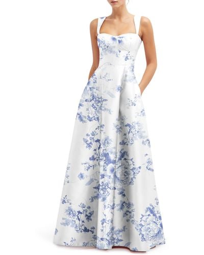 Alfred Sung Floral Lace Up A-line Gown - Blue