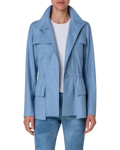 Akris Cinch Waist Stretch Wool Flannel Jacket - Blue