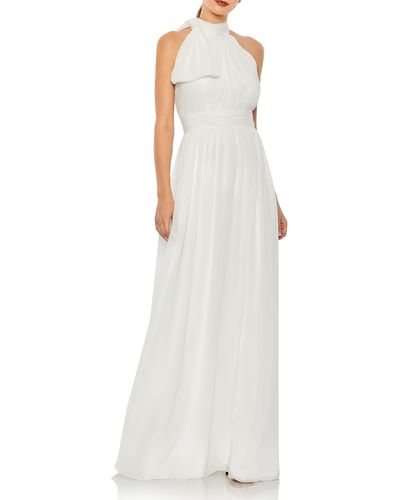 Ieena for Mac Duggal High Neck Ruched Chiffon A-line Gown - White