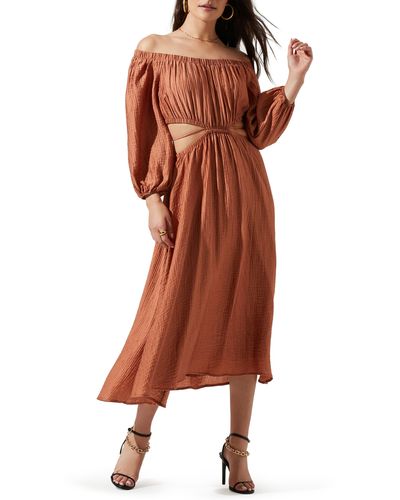 Astr Cassian Off The Shoulder Long Sleeve Midi Dress - Brown