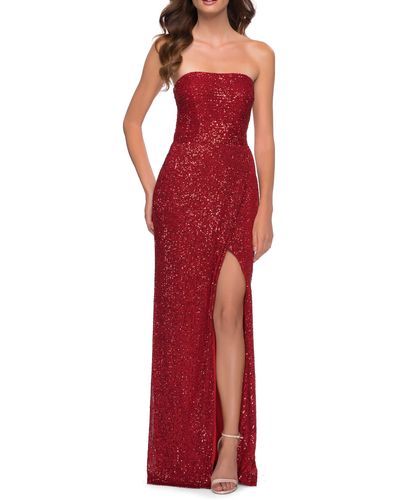 La Femme Strapless Sequin Gown - Red