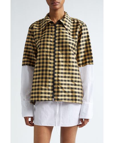 Coming of Age Gingham Layered Look Silk Zip-up Shirt - Multicolor