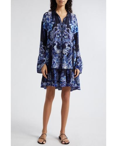 Camilla Long Sleeve Silk Shift Dress At Nordstrom - Blue