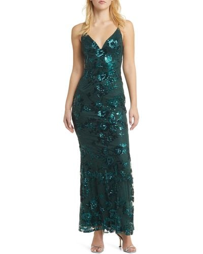 Lulus Shine Language Floral Sequined Lace Gown - Green