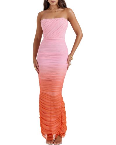 House Of Cb Gradient Color Strapless Ruched Mesh Gown - Red