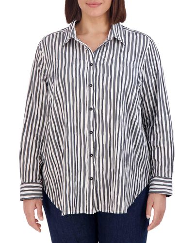 Foxcroft Stripe Crinkle Cotton Blend Button-up Shirt - Gray