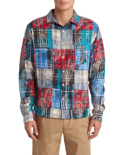 Corridor NYC Plaid Paisley Patchwork Flannel Button-up Shirt - Blue