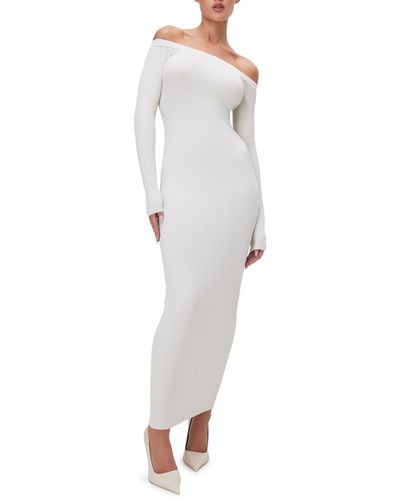GOOD AMERICAN Shine Off The Shoulder Long Sleeve Maxi Dress - White