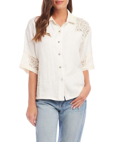 Fifteen Twenty Terra Lace Trim Linen Button-up Shirt - White