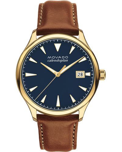 Movado Heritage Calendoplan Leather Strap Watch - Blue