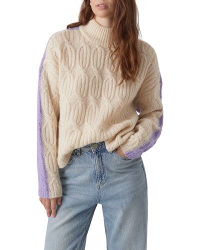 Vero Moda Chrissy Colorblock Cable Stitch Turtleneck Sweater - Blue
