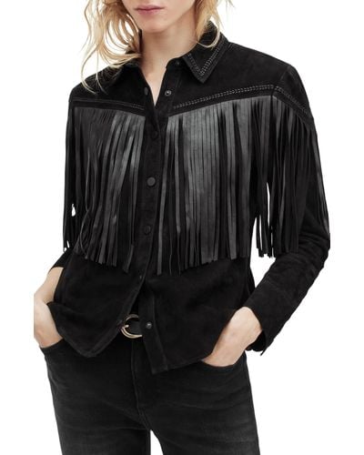 AllSaints Cleo Western Leather Fringe Suede Shirt Jacket - Black