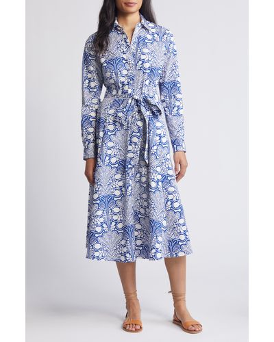 Boden Amy Floral Long Sleeve Cotton Midi Shirtdress - Blue