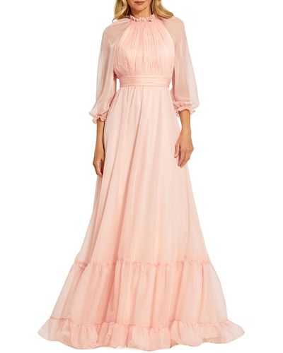 Mac Duggal Sheer Sleeve Gathered Chiffon A-line Gown - Pink