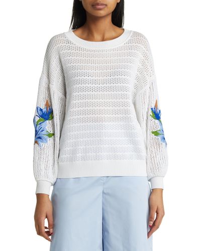 Misook Embroidered Pointelle Sweater - White