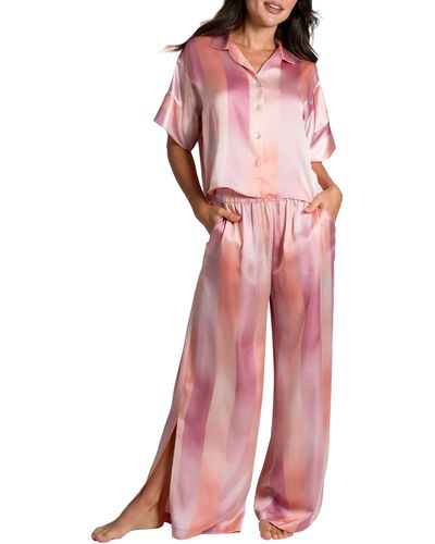 MIDNIGHT BAKERY Ombré Lane Stripe Short Sleeve Satin Pajamas - Pink