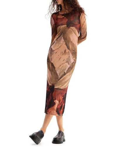 Desigual Noelia Abstract Print Long Sleeve Midi Dress - Brown